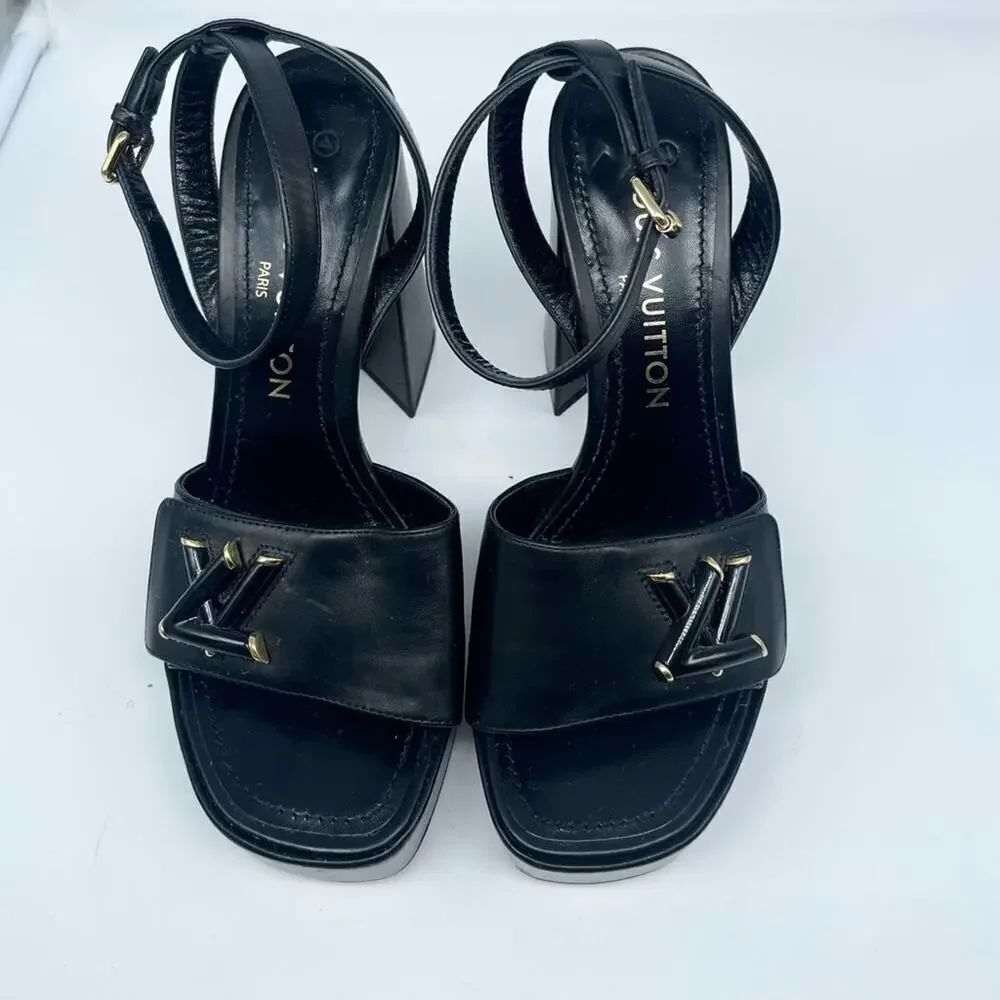 Louis Vuitton Black Leather LV logo embellished Shake Platform sandals EU 38